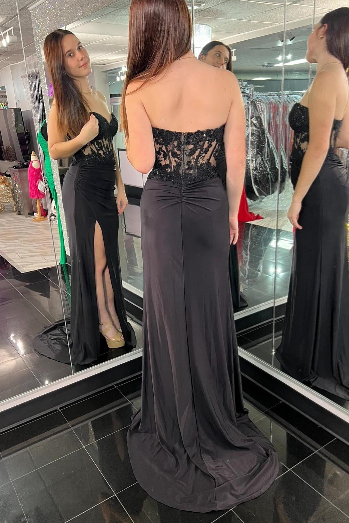 Black Strapless Floral Mermaid Satin Long Prom Dress with Slit