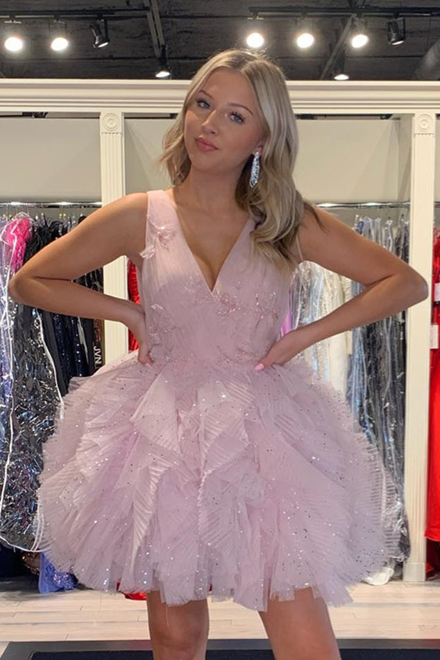 Pink V Neck Sleeveless Sequined Ruffles A-line Homecoming Dress