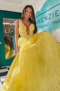 Yellow Plunging V Neck Lace-Up Ruffles Long Prom Dress