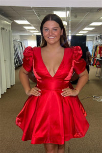 Red Plunging V Neck A-line Satin Homecoming Dress