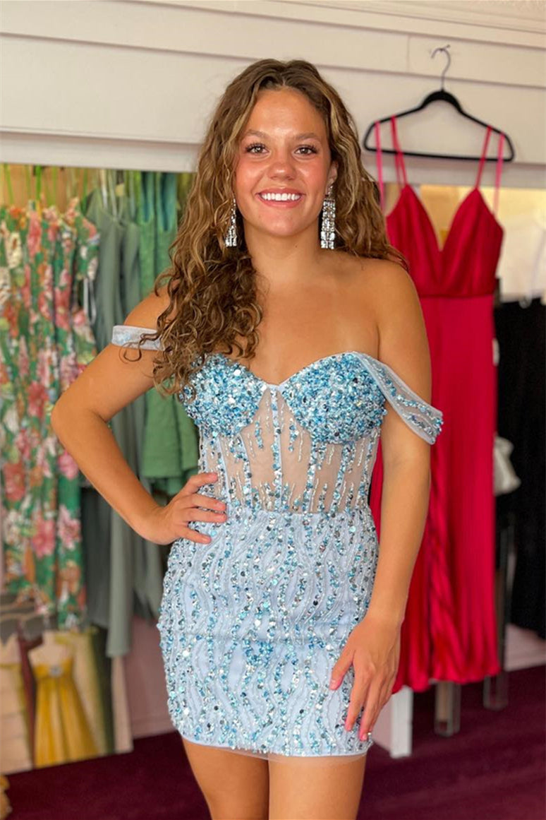 Light Blue Off-the-Shoulder Sequined Sheath Homecoming Dress