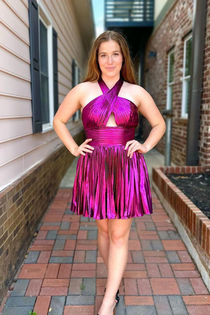 Cross Halter Fuchsia Metallic Pleated Short Homecoming Dress