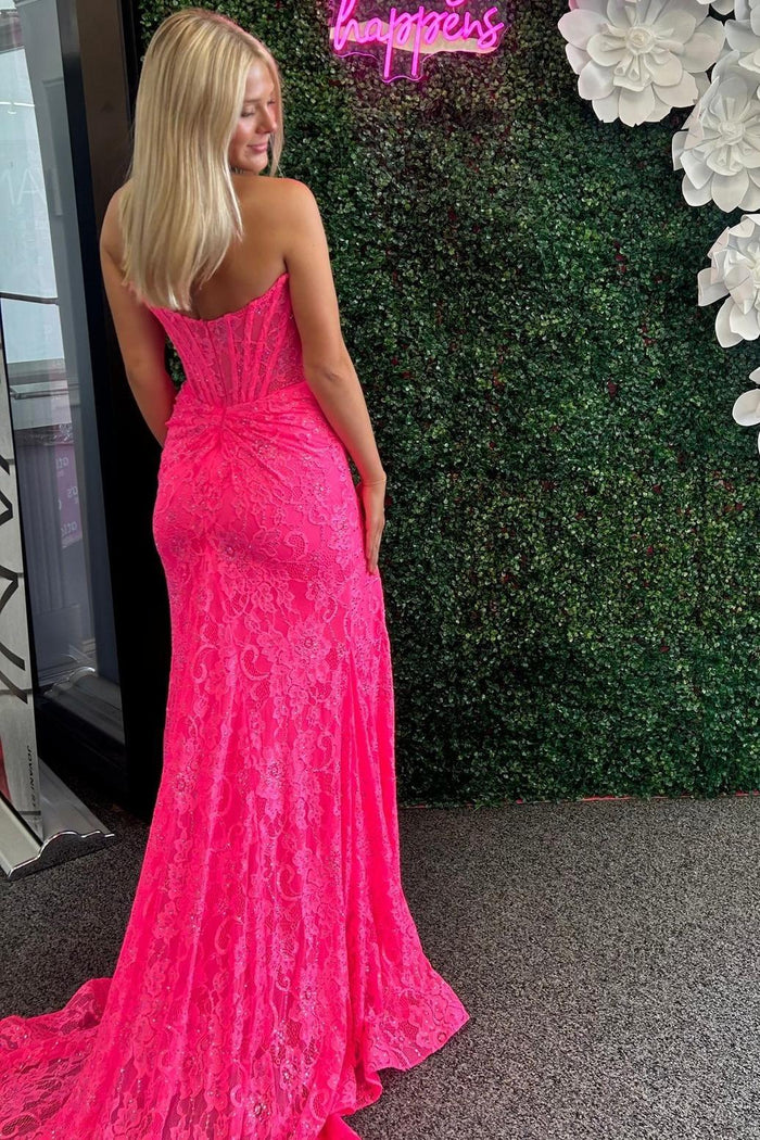 Strapless Hot Pink Lace Mermaid Long Formal Dress with Slit