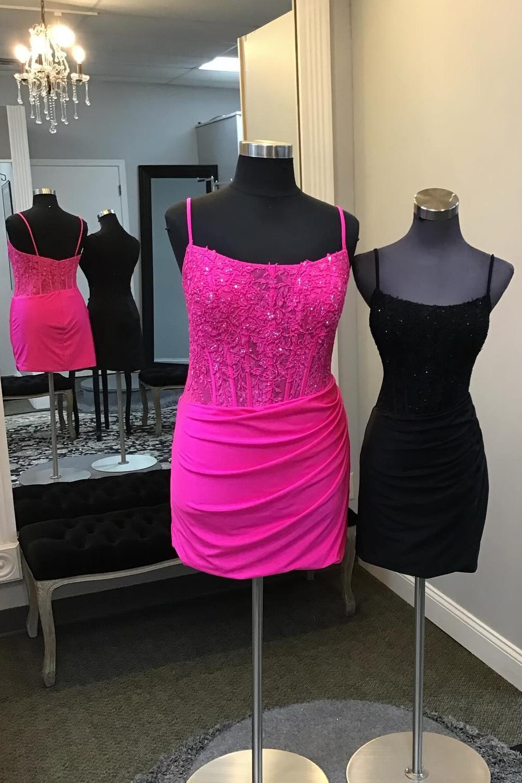 Hot Pink Straps Lace Appliques Tight Mini Dress