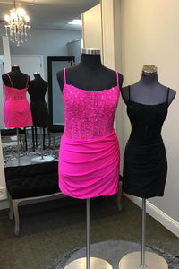 Hot Pink Straps Lace Appliques Tight Mini Dress