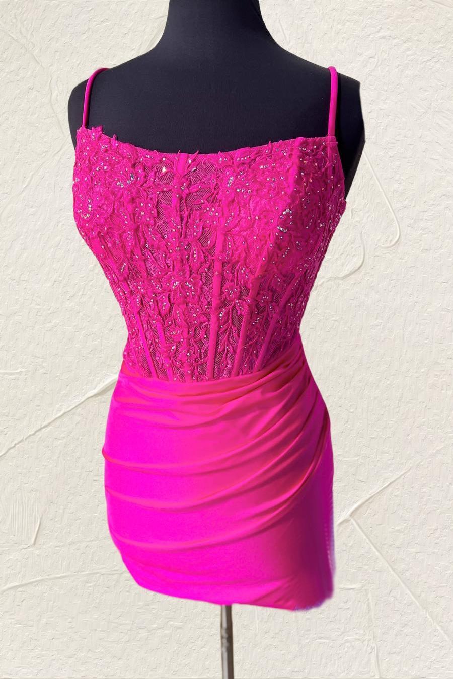 Hot Pink Straps Lace Appliques Tight Mini Dress