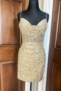 Cowl Neck Gold Sequin Tight Party Dress