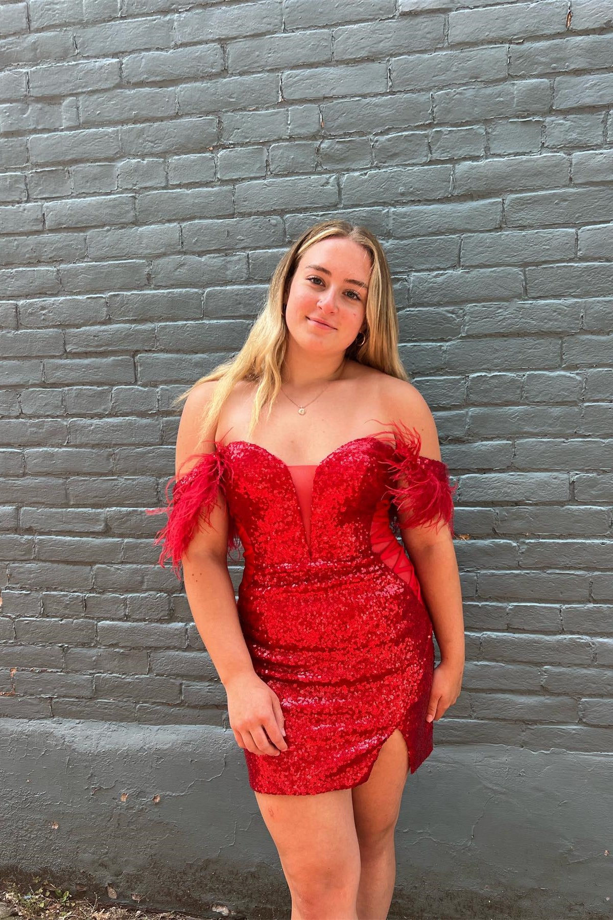 Red Plunging Off-the-Shoulder Sequins Homecoming Dress with Feathers