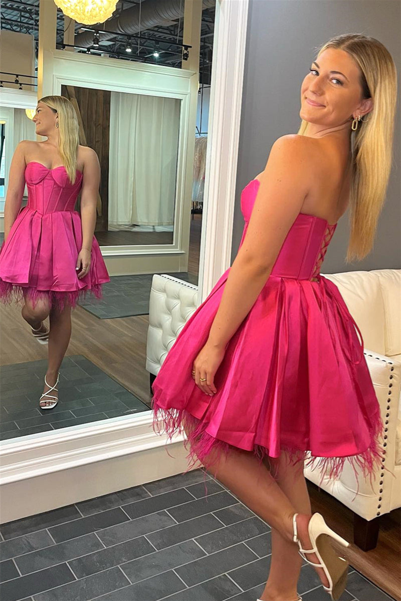Barbie Pink Strapless Lace-Up A-line Satin Homecoming Dress with Feathers