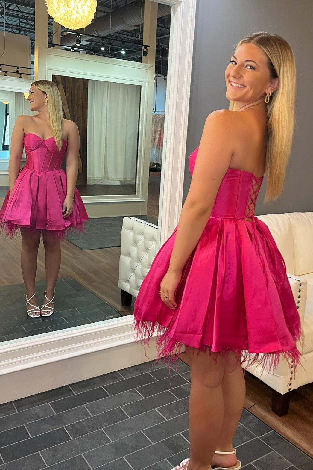 Hot Pink Feather Homecoming Dresses Bodycon Mini Strapless