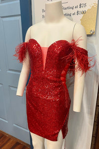 Red Plunging Off-the-Shoulder Sequins Homecoming Dress with Feathers