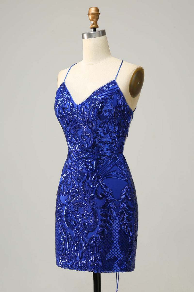 Royal Blue Sheath Lace-Up V Neck Sequins Homecoming Dress