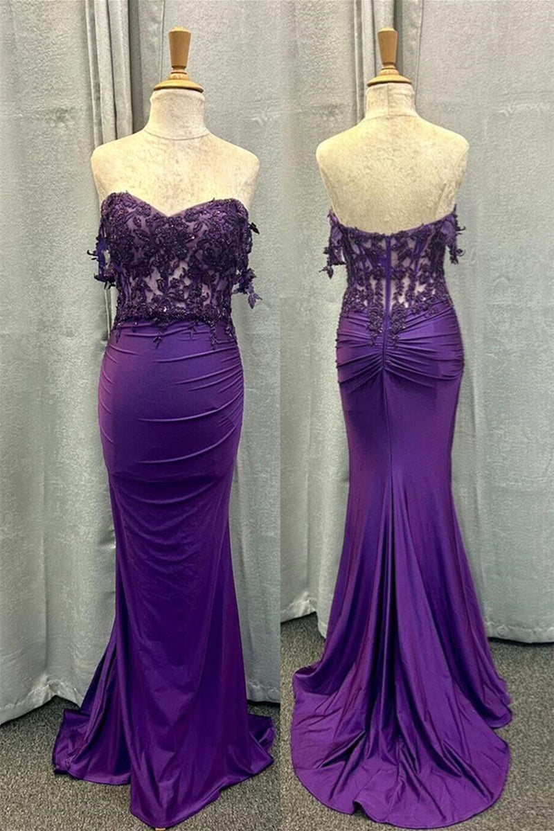 Purple Off-Shoulder Floral Mermaid Satin Long Prom Dress