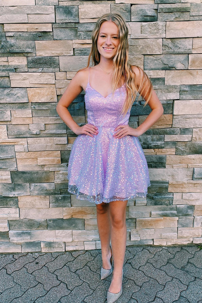 Sparkly Sea Blue V-Neck Spaghetti Strap Short Homecoming Dresses