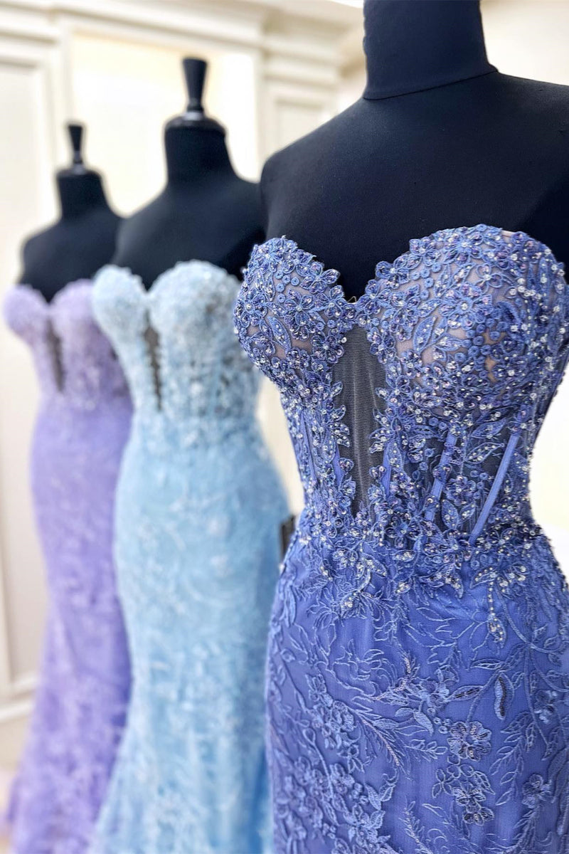 Lavender & Light Blue & Periwinkle Strapless Floral Mermaid Long Prom Dress