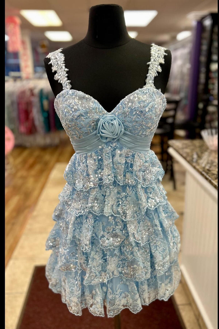 Empire Light Blue Appliques Tiered Ruffle Short Homecoming Dress