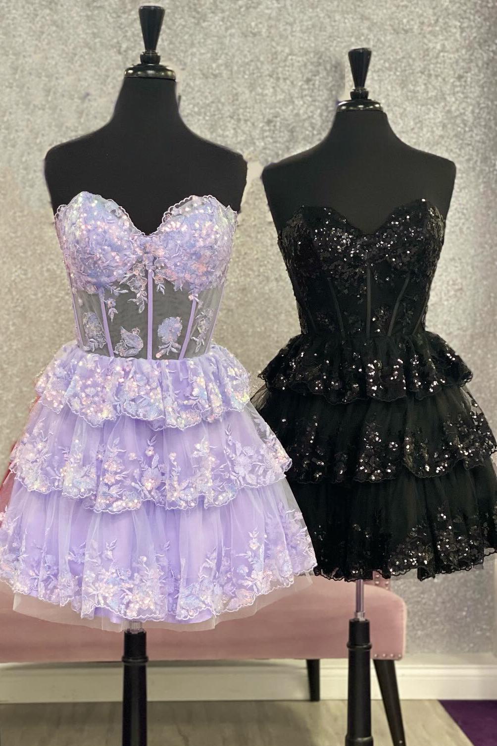 Sweetheart Lavender Sheer Corset A-line Tiered Ruffle Short Dress