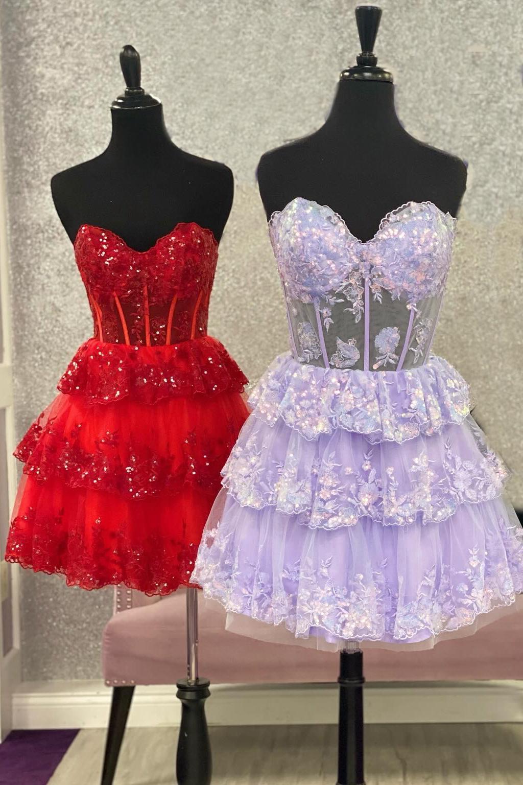 Sweetheart Lavender Sheer Corset A-line Tiered Ruffle Short Dress