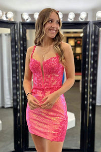 Hot Pink Lace-Up Appliques Sequins Sheath Homecoming Dress