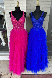 Fuchsia & Royal Blue Layers Floral Tulle A-line Long Prom Dress
