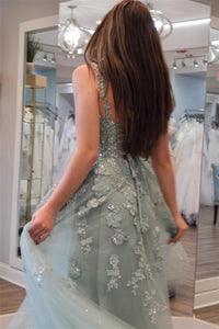 Sage Green Floral Straps Appliques A-line Long Prom Dress