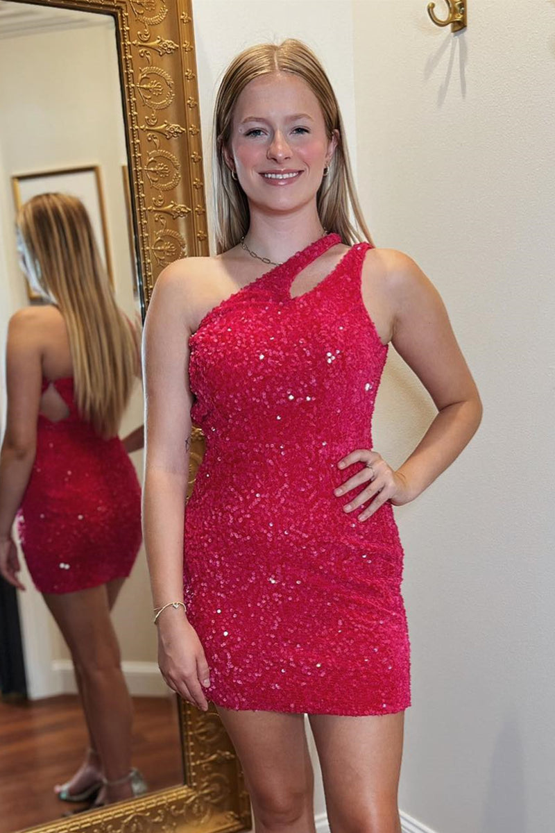 Red One Shoulder Sequins Sheath Homecoming Dress