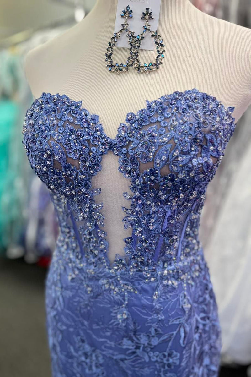 Periwinkle Strapless Floral Mermaid Long Prom Dress