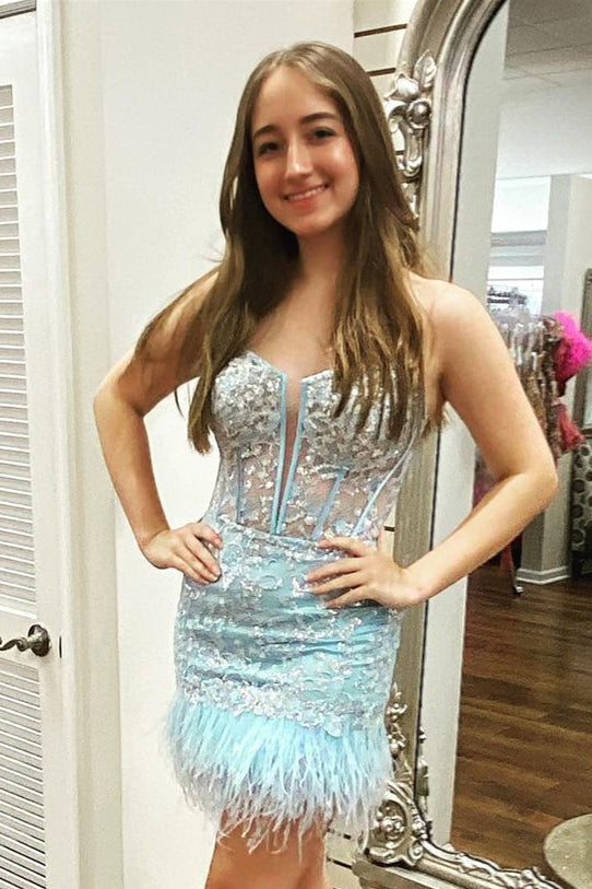 Light Blue Sequined Embroidery Sheath Strapless Homecoming Dress with Feathers
