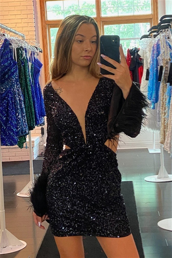 Black Plunging V Neck Long Sleeves Sequins Homecoming Dress with Feathers