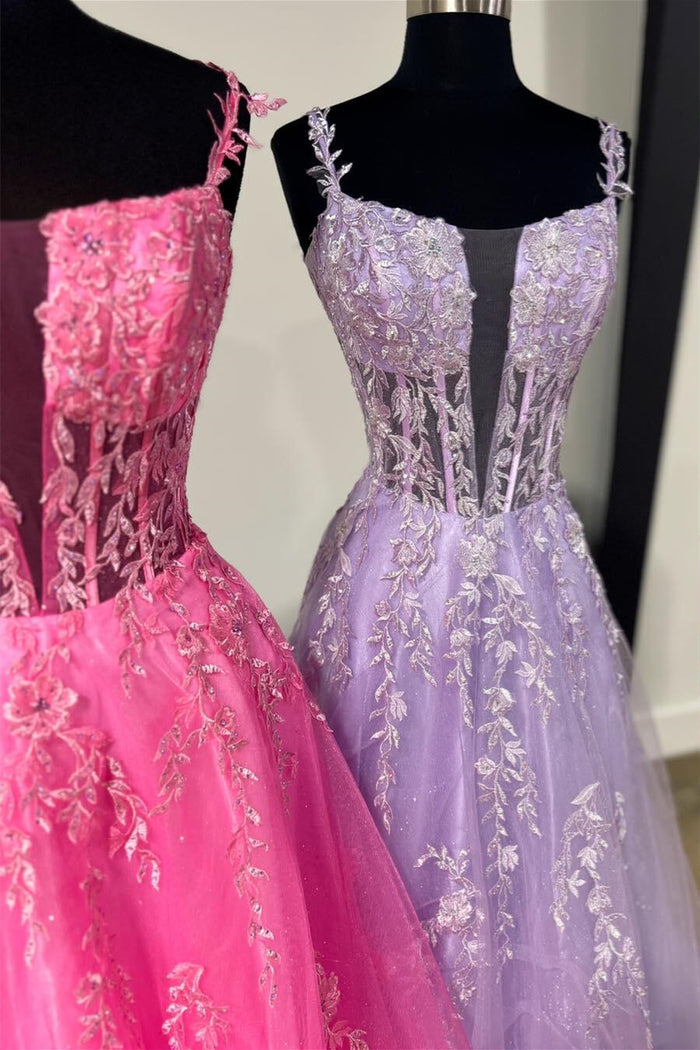 Lavender Floral Straps Appliques A-line Long Prom Dress