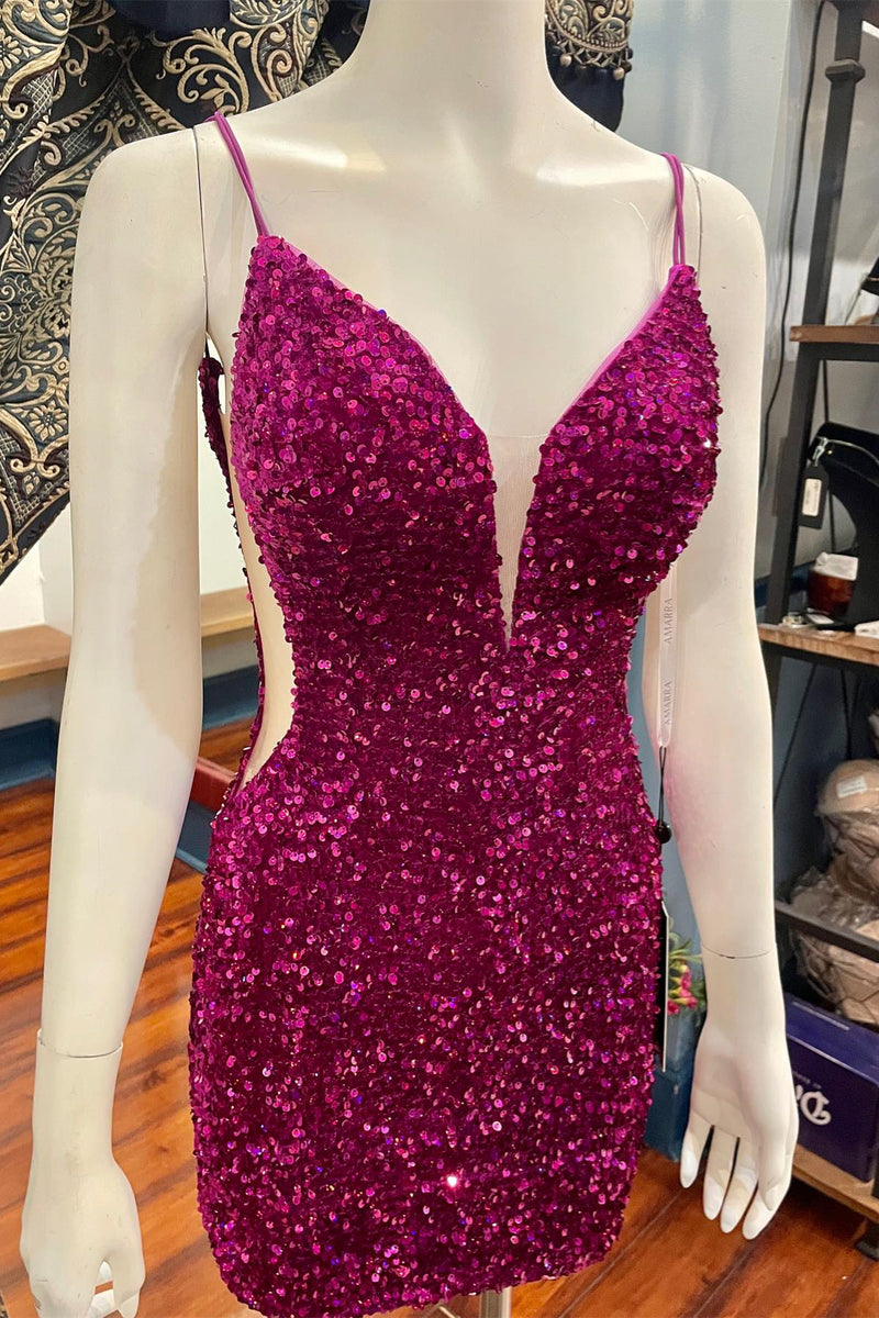 Lavender Sequins Lace-Up Deep V Neck Sheath Homecoming Dress