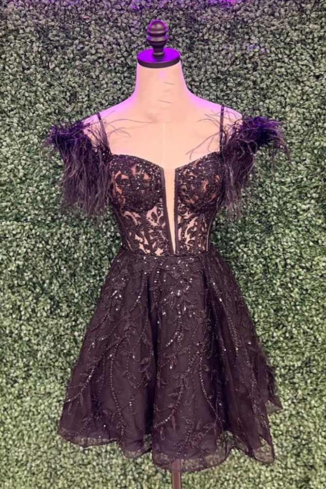 Black Off-the-Shoulder Appliques A-line Homecoming Dress with Feathers