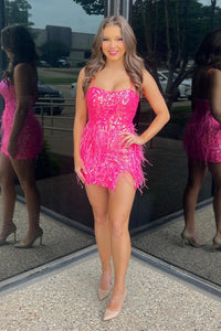 Hot Pink Sequins Straps Homecoming Dress with Feathers