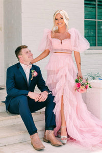Pink Tow-Piece Bow Tie Multi-Layers Tulle Long Prom Dress with Slit