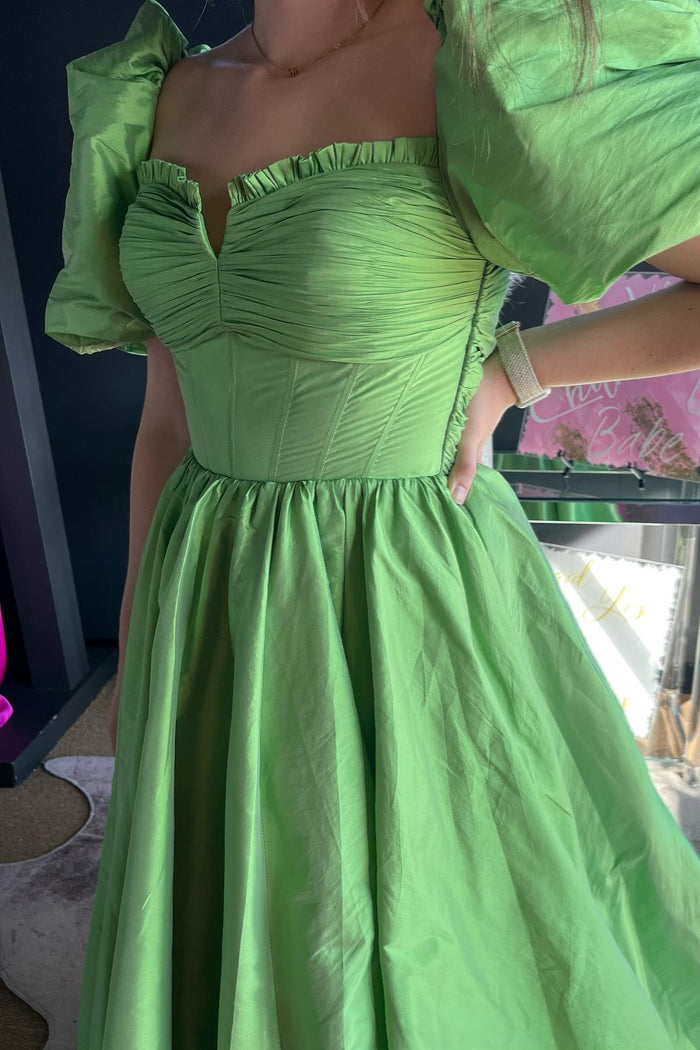Green Ruffled Puff Sleeves Satin Long Prom Dress