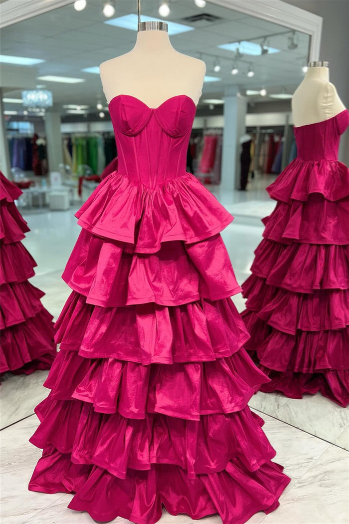Fuchsia Strapless Layers A-line Long Prom Dress
