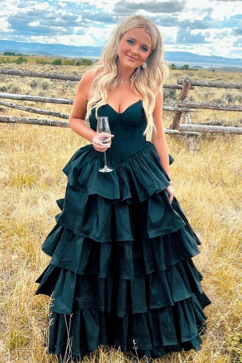 Black  Strapless Layers A-line Long Prom Dress