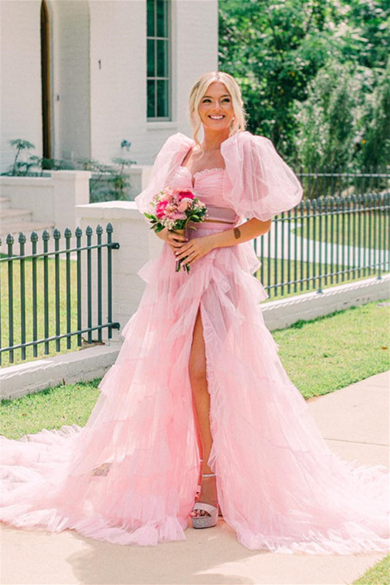 Pink Tow-Piece Bow Tie Multi-Layers Tulle Long Prom Dress with Slit