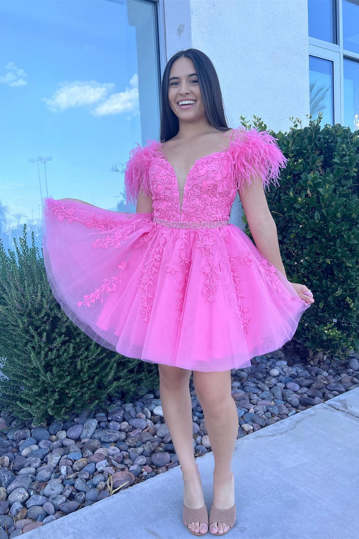 Pink Plunging Off-the-Shoulder Appliques A-line Beaded Homecoming Dress