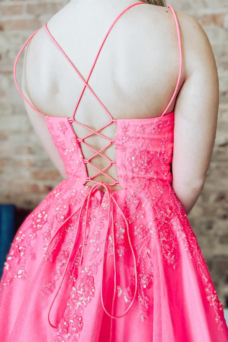 Hot Pink Deep V Neck Lace-Up Appliques A-line Homecoming Dress