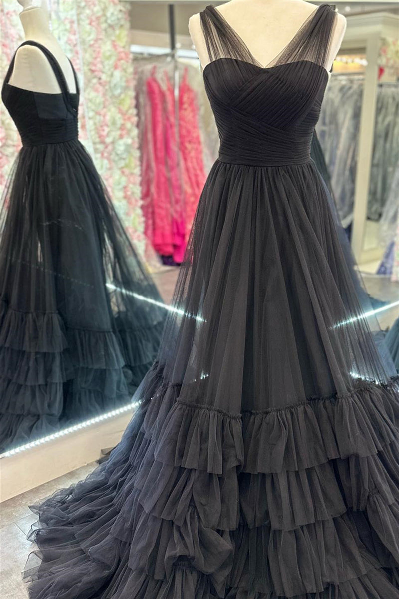 Black Illusion Strapless A-line Layers Tulle Long Prom Dress