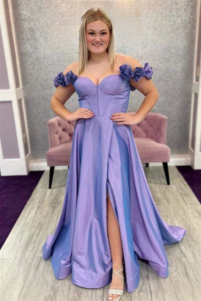 Lavender Floral Straps A-line Satin Long Prom Dress with Slit