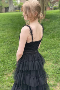 Black Ruffle Straps Tulle Multi-Layers V Neck Long Prom Dress