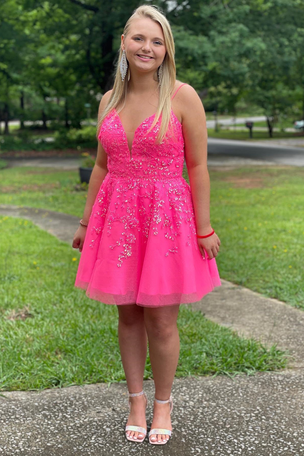 Hot Pink Deep V Neck Lace-Up Appliques A-line Homecoming Dress