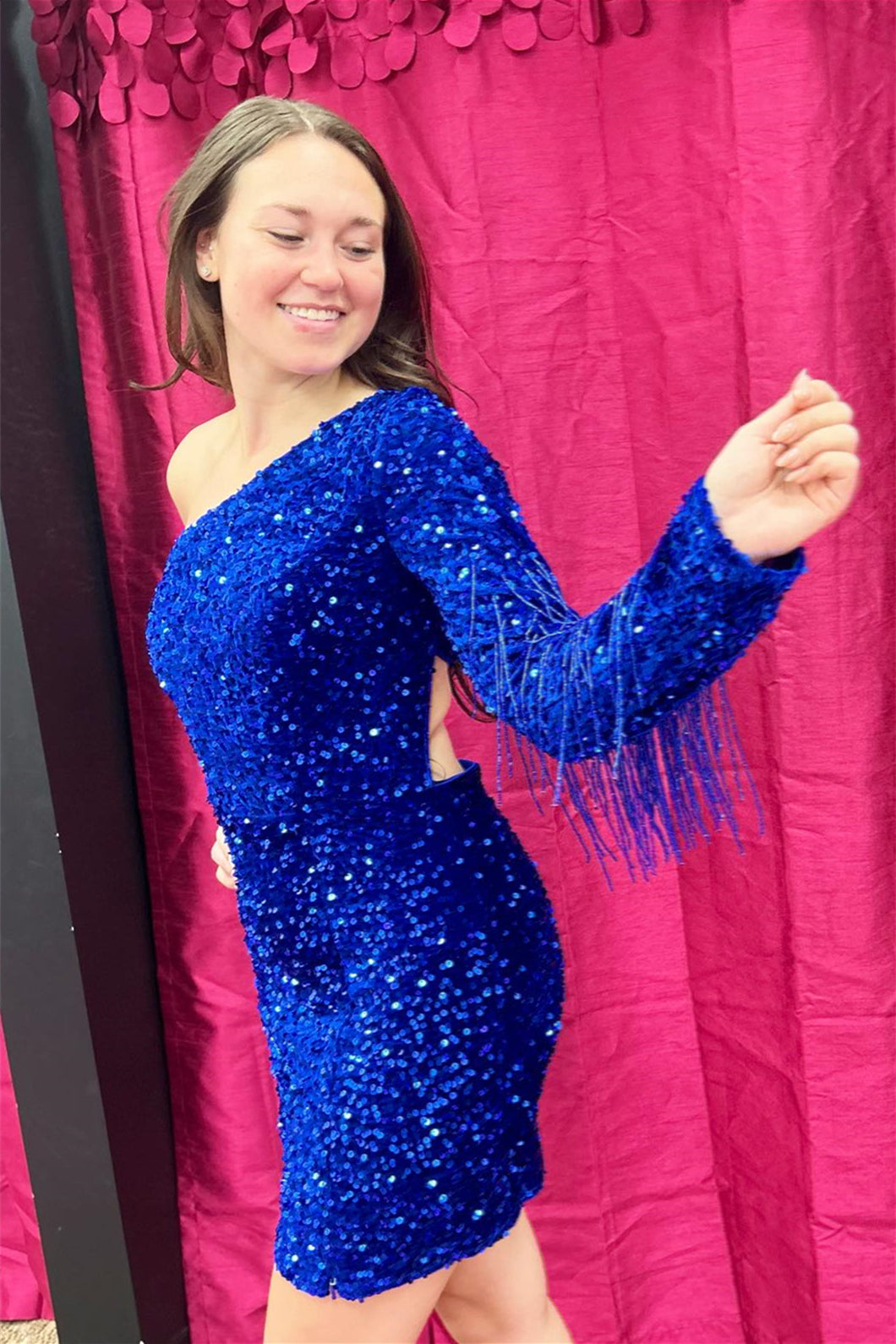 Royal Blue One Shoulder Long Sleeve Sequins Sheath Homecoming Dress with Tassels