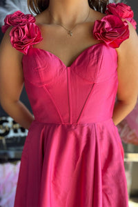 Rose Pink Floral Straps A-line Satin Long Prom Dress with Slit