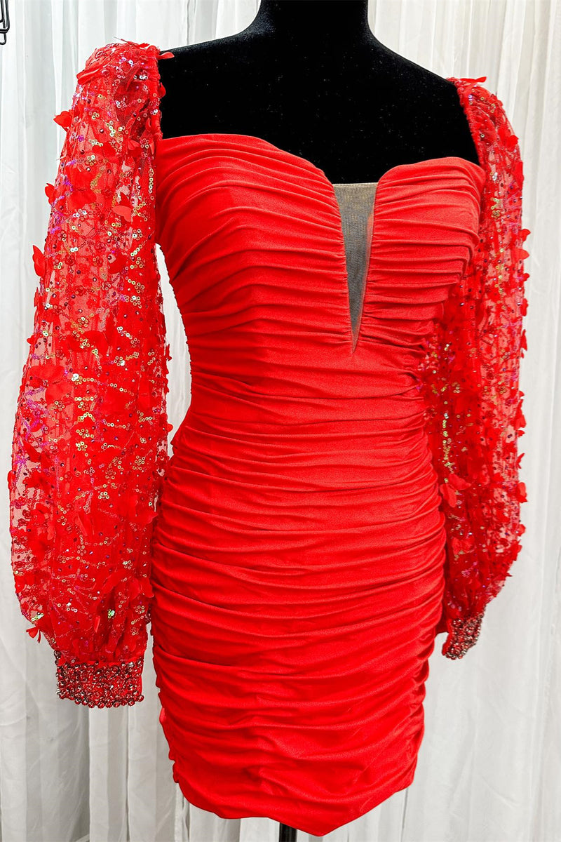 Red Long Sleeves Sheath Deep V Neck Appliques Homecoming Dress
