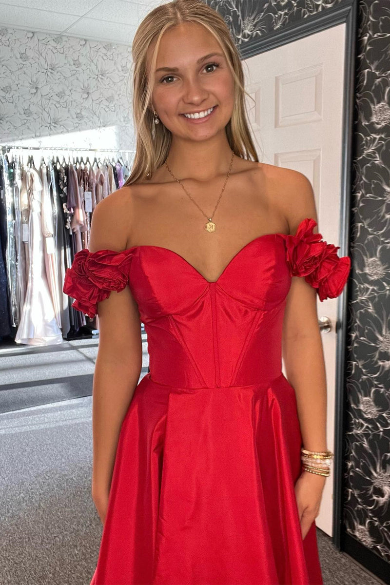 Red Floral Straps A-line Satin Long Prom Dress with Slit