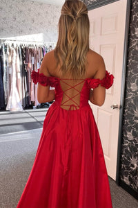 Red Floral Straps A-line Satin Long Prom Dress with Slit