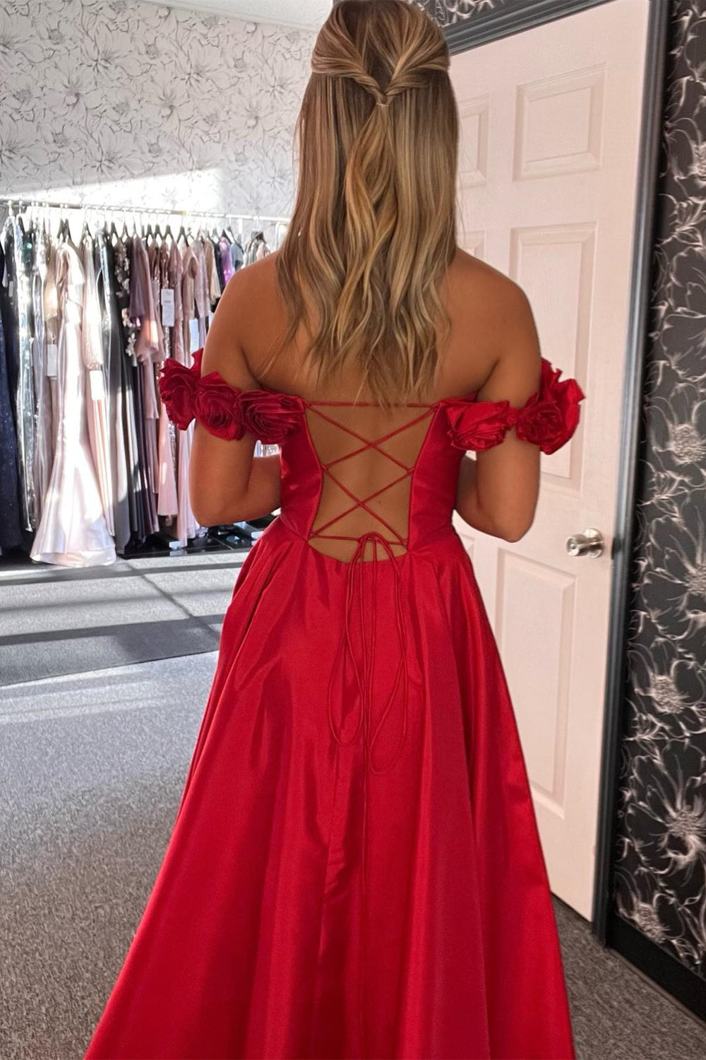 Simple Elegant A-Line Strapless Sweetheart Satin Red Long Prom Dress With Slit main image 1